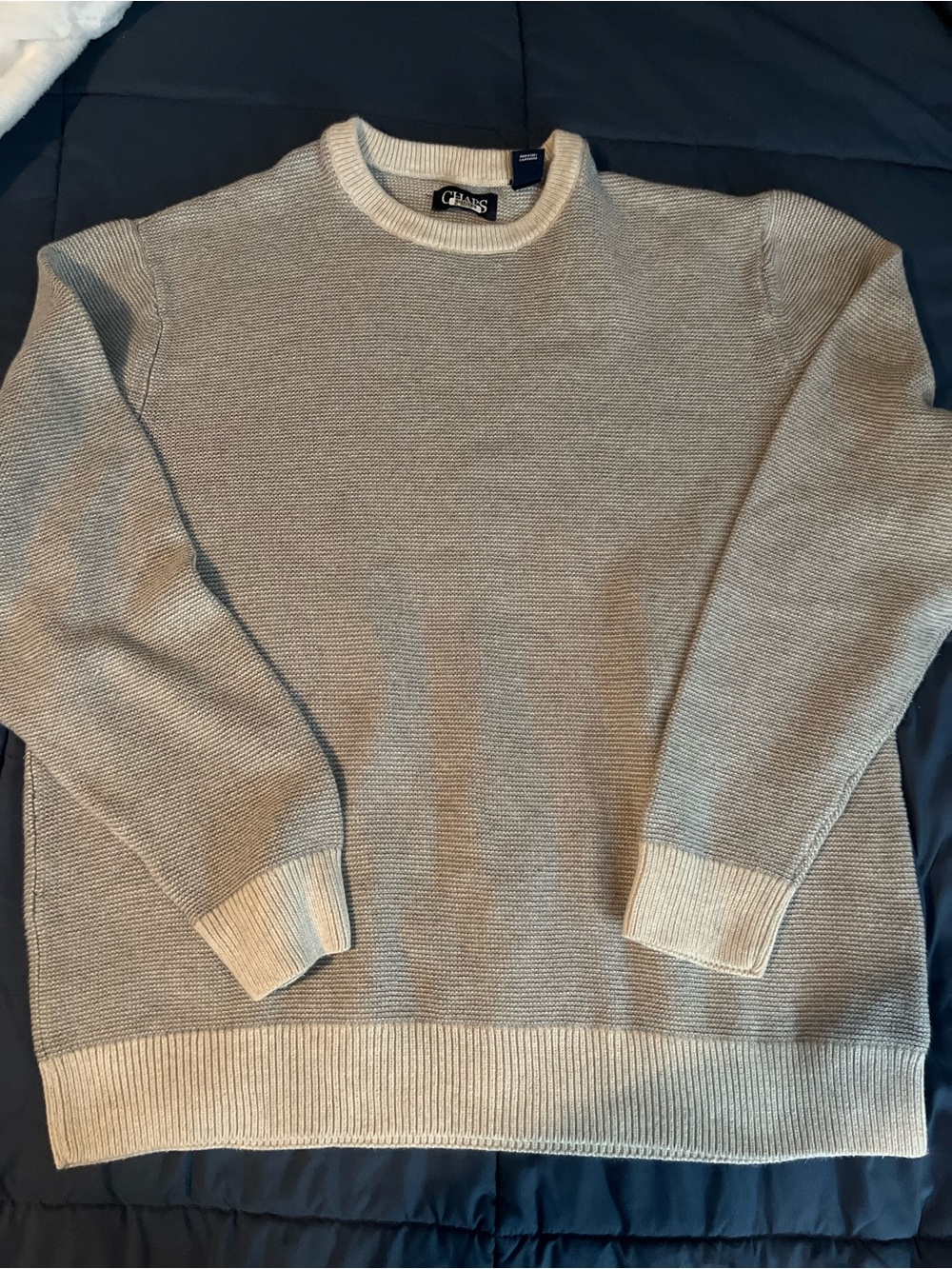 Chaps Men's Crewneck Sweater in Light Gray and Cream Trim